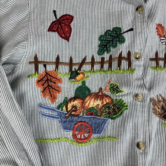 VTG Casey & Max Embroidered Button Up Shirt Women's M Green Stripe Autumn (1138) - Picture 5 of 10